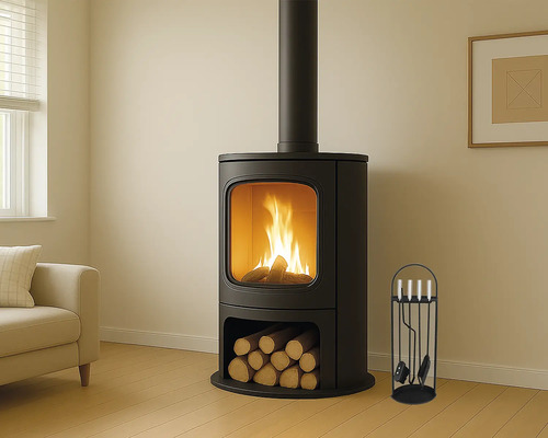 Braskamin med ved och eldstadsverktyg i ett ljust rum