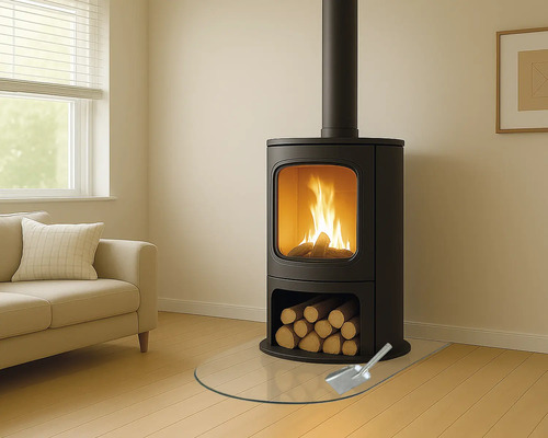 Braskamin med ved, glasskyddsplatta och skyffel i ett vardagsrum.