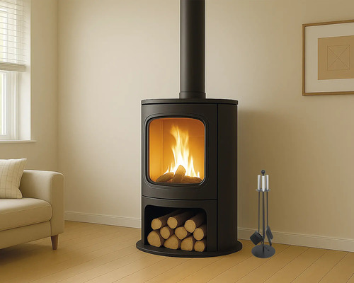 Fristående metallkamin med ved och eldstadsverktyg i vardagsrummet