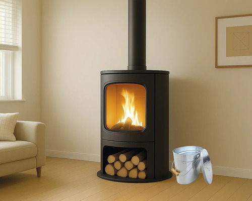 Braskamin med ved och metallhink i vardagsrummet