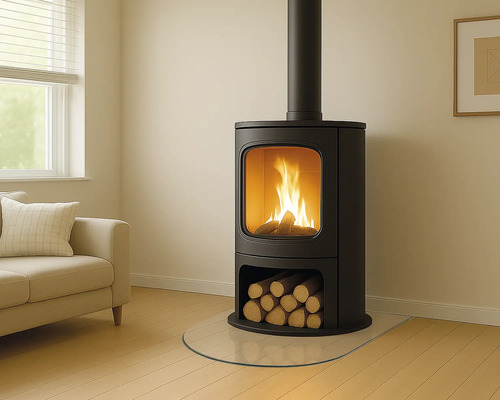 Braskamin med ved i vardagsrummet