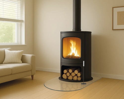 Svart vedeldad kamin med ved och glasgolvplatta i ett vardagsrum.