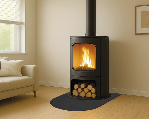 Braskamin med vedförvaring och brinnande eld i vardagsrummet