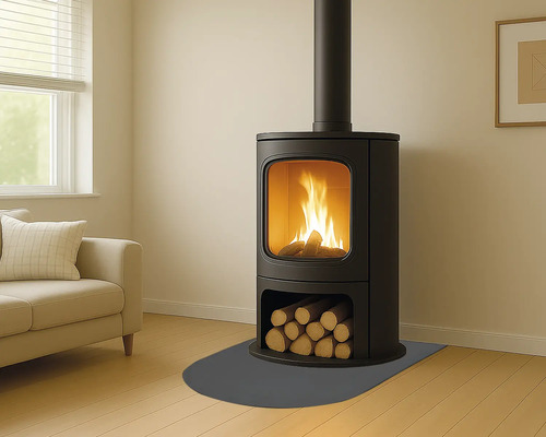 Vedeldad kamin med vedträn i vardagsrummet