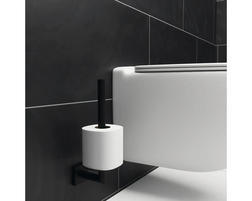 Vägghängd toalett och toalettpappershållare i badrummet