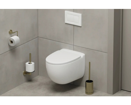 Modernt badrum med vägghängd toalett, manöverpanel, toalettpappershållare och toalettborste.