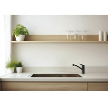 Diskho med blandare, bänkskiva och hyllor i modern stil.