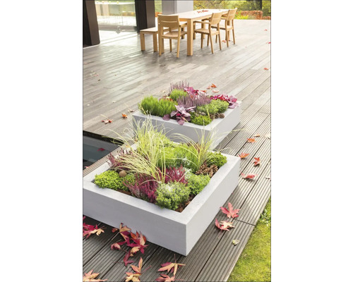 Två planterade rektangulära betongblomlådor på en terrass med trägolv