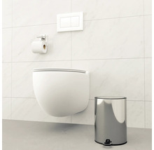 Vägghängd toalett med kontrollpanel, toalettpappershållare och pedalhink i ett badrum.