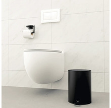 Scen med en hängande toalett, en toalettpappershållare, en manöverpanel och en pedalhink.