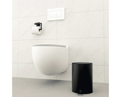 Scen med en hängande toalett, en toalettpappershållare, en manöverpanel och en pedalhink.