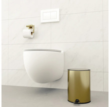 Modernt badrum med vägghängd toalett, toalettpappershållare och pedalhink