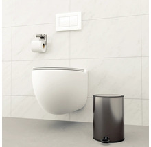 Bild av en vägghängd toalett, toalettpappershållare, kontrollpanel och en pedalhink i ett kaklat badrum.