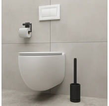 Vägghängd toalett med toalettpappershållare och toalettborste i ett badrum.