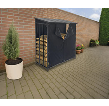 Vedförvaringsställ med lock för utomhusförvaring av ved.