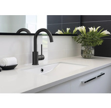 Tvättställ med blandare, handduk och blomvas i badrummet.