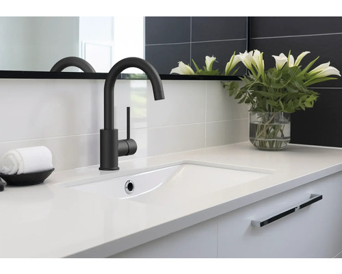 Badrum handfat med kran, handduk och blomvas