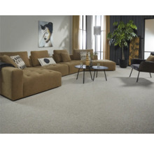 Vardagsrum med heltäckningsmatta, hörnsoffa, soffbord och dekorationer.