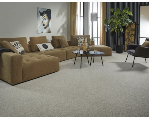 Vardagsrum med heltäckningsmatta, hörnsoffa, soffbord och dekorationer.