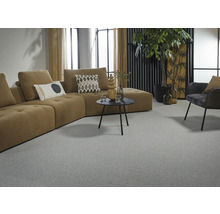 Vardagsrum med grå heltäckningsmatta, soffa och bord