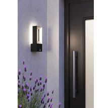 Modern utomhuslampa bredvid en dörr med handtag i rostfritt stål