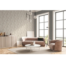 Modernt vardagsrum med soffa, fåtölj, soffbord och 3D-struktur tapet