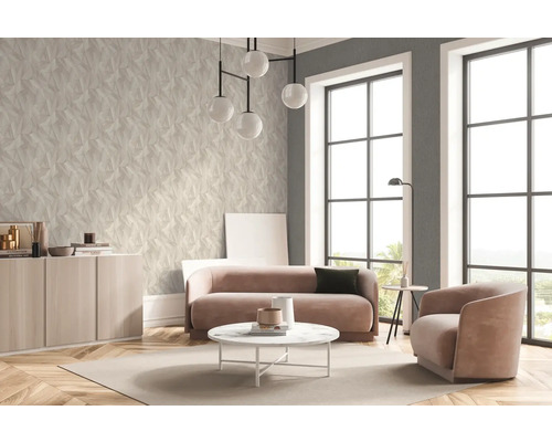 Modernt vardagsrum med soffa, fåtölj, soffbord och 3D-struktur tapet