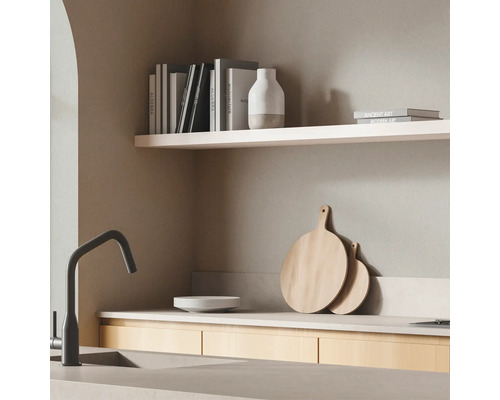 Diskho med kran, skärbrädor i trä, porslin och dekoration på en hylla