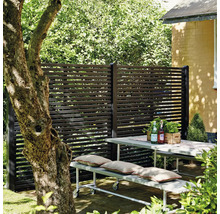 Trädgårdsscen med insynsskydd, bord och bänk