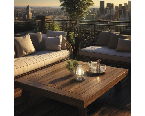 Terrass med loungemöbler och träbord med stadsbild i bakgrunden