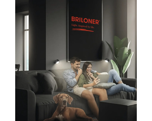 Vardagsrum med par i soffan, hund och Briloner-logotyp på väggen.
