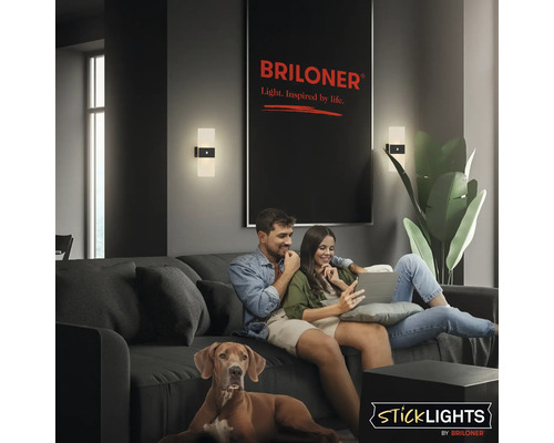 Vardagsrum med soffa, par, hund och två vägglampor bredvid en affisch med Briloner-logotypen