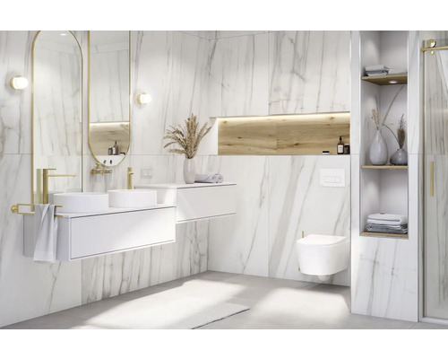 Klinker MIRAVA Lucca bianco vit grå guld matt marmoroptik 120x120x0,9 cm Modernt badrum med dubbla handfat, spegel, toalett och hyllor