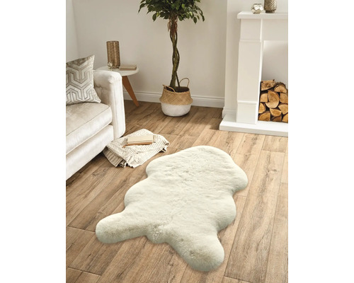 Vardagsrum med soffa, öppen spis, krukväxt och en matta med pälsimitation