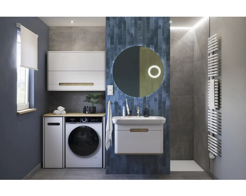 Kakel blå blank Mojave blu brick metro utseende 25x6 cm Modernt badrum med tvättmaskin, tvättställ och spegelskåp