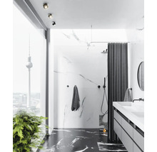 Modernt badrum med marmorväggar, dusch, handfat och utsikt över Berlins TV-torn