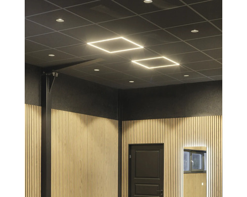 Rum med träpanel, taklampor och dörr