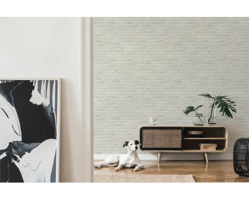 Vardagsrum med vägg i tegelstenslook, låg skänk, dekoration och en hund