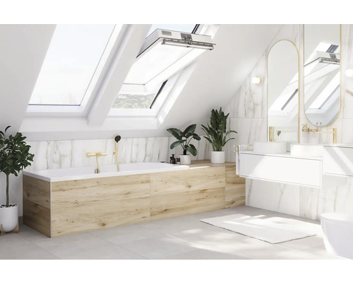 Badrum med badkar, takfönster, spegel och växter