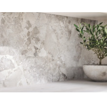 Väggdekoration med kakel i marmorlook och en krukväxt på arbetsbänken