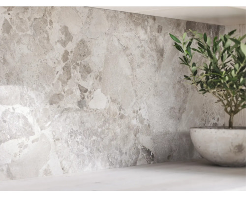 Väggdekoration med kakel i marmorlook och en krukväxt på arbetsbänken