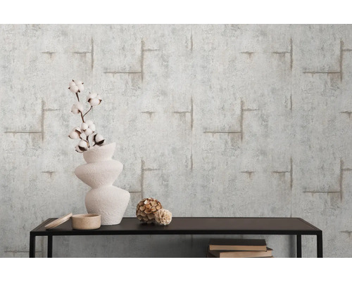 Tapet i betonglook med hylla och dekoration