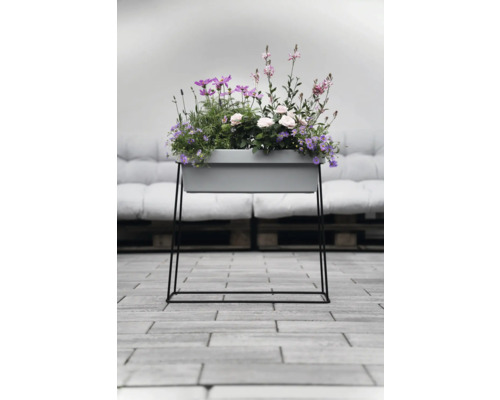 Blomlåda med blommor på en metallram