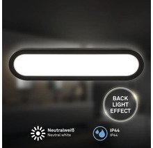 Oval lampa med bakgrundsbelysning, neutralt vitt ljus och IP44-skydd.