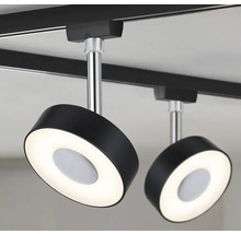 Två runda, svarta LED-spotlights på en skena