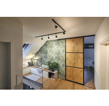 Ljusvindsvåning med takfönster, sittgrupp, grön bladentapet, skjutdörr och trägolv.