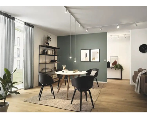 Ljust vardagsrum med matbord, stolar, hylla och belysningssystem