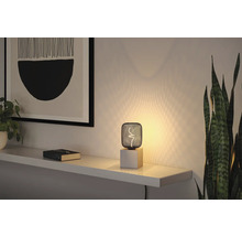 Dekorativ bordslampa med gallerstruktur och träfot på en hylla