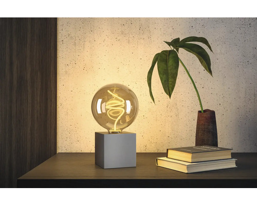 Dekorativ bordslampa med glödlampa och växt på ett bord