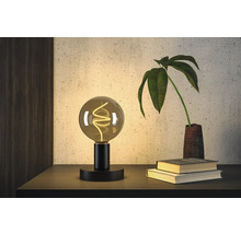 Dekorativ bordslampa med glödtråd och krukväxt på ett bord